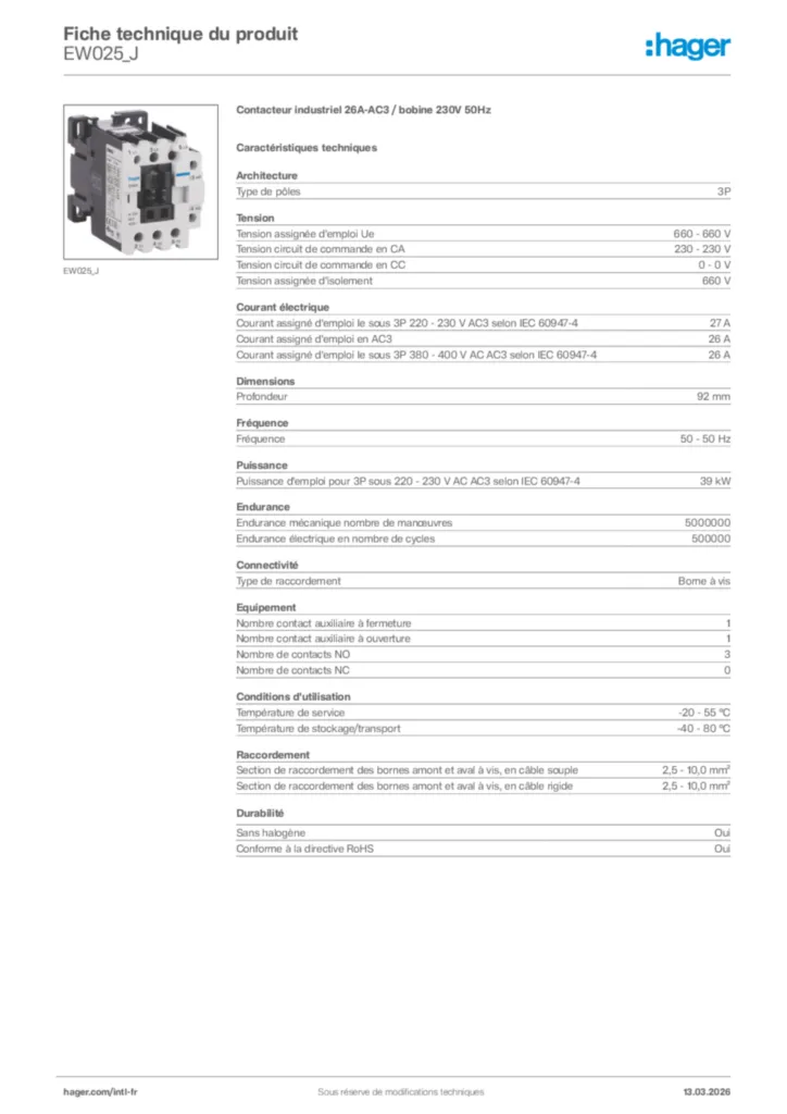 Image Hager Fiche technique du produit EW025_J | Hager Afrique