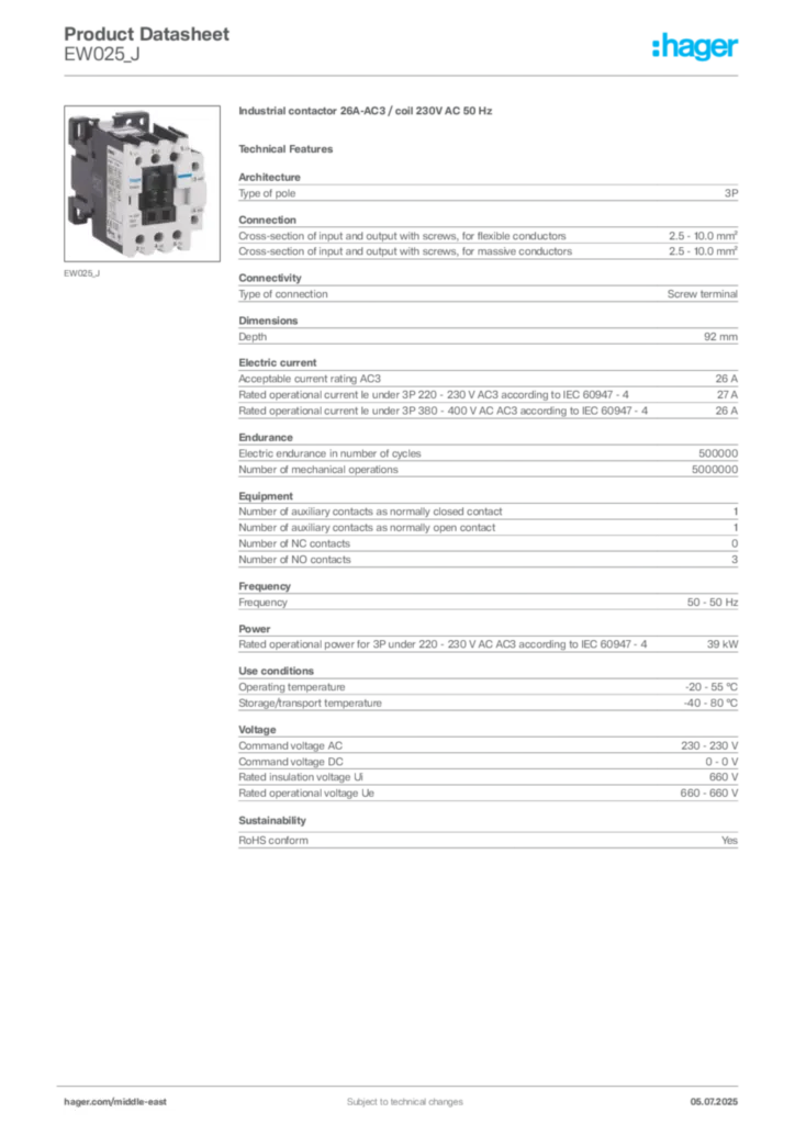 Image Hager Product data sheet EW025_J  | Hager