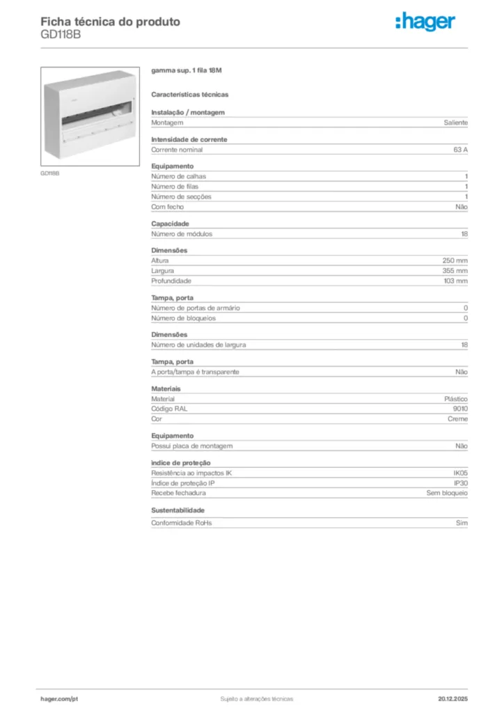 Imagem Hager Ficha técnica do produto GD118B | Hager Portugal
