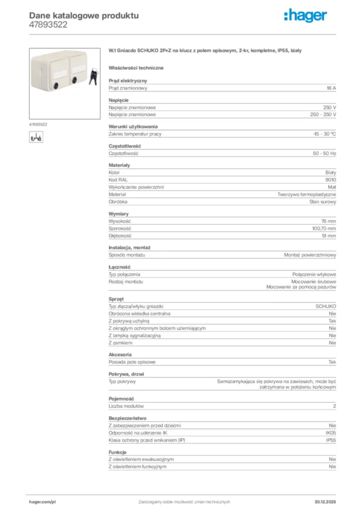 Zdjęcie Hager Karta katalogowa 47893522 | Hager Polska