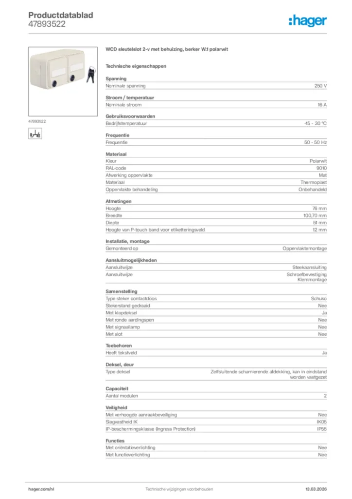 Afbeelding Hager Productdatablad 47893522 | Hager Nederland