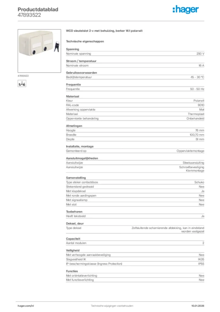 Afbeelding Hager Productdatablad 47893522 | Hager Nederland