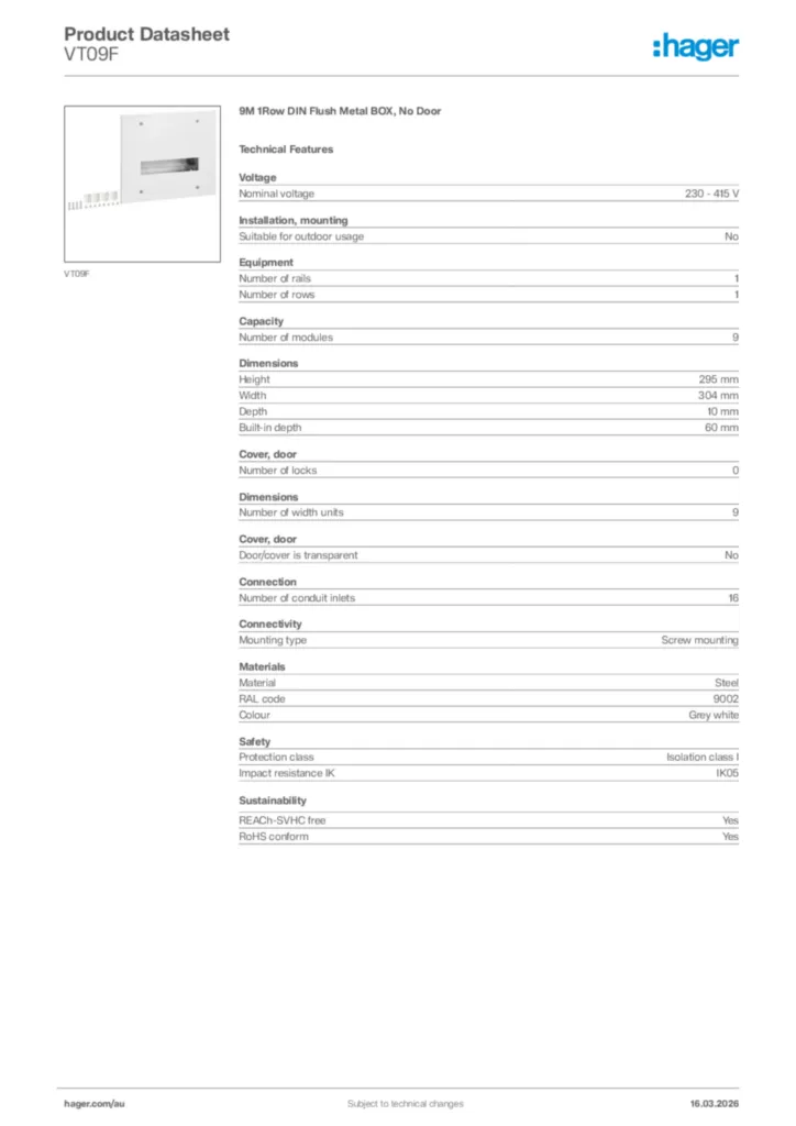 Image Hager Product data sheet VT09F  | Hager Australia