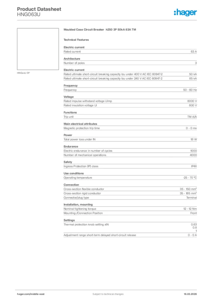 Image Hager Product data sheet HNG063U  | Hager