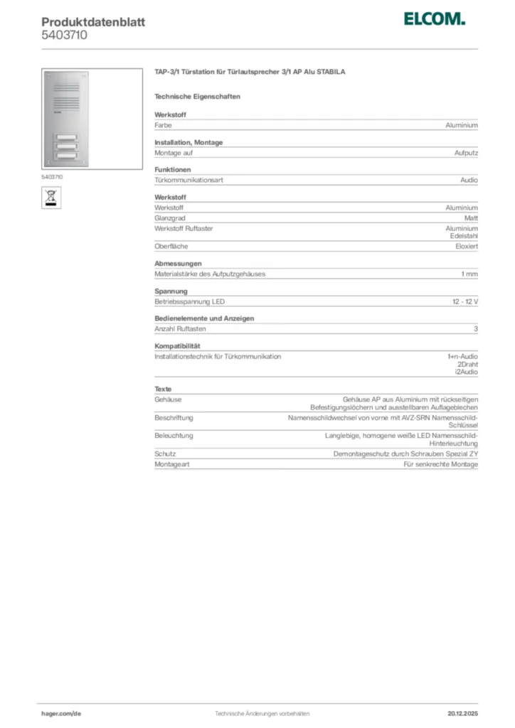 Bild Elcom Produktdatenblatt 5403710 | Hager Deutschland