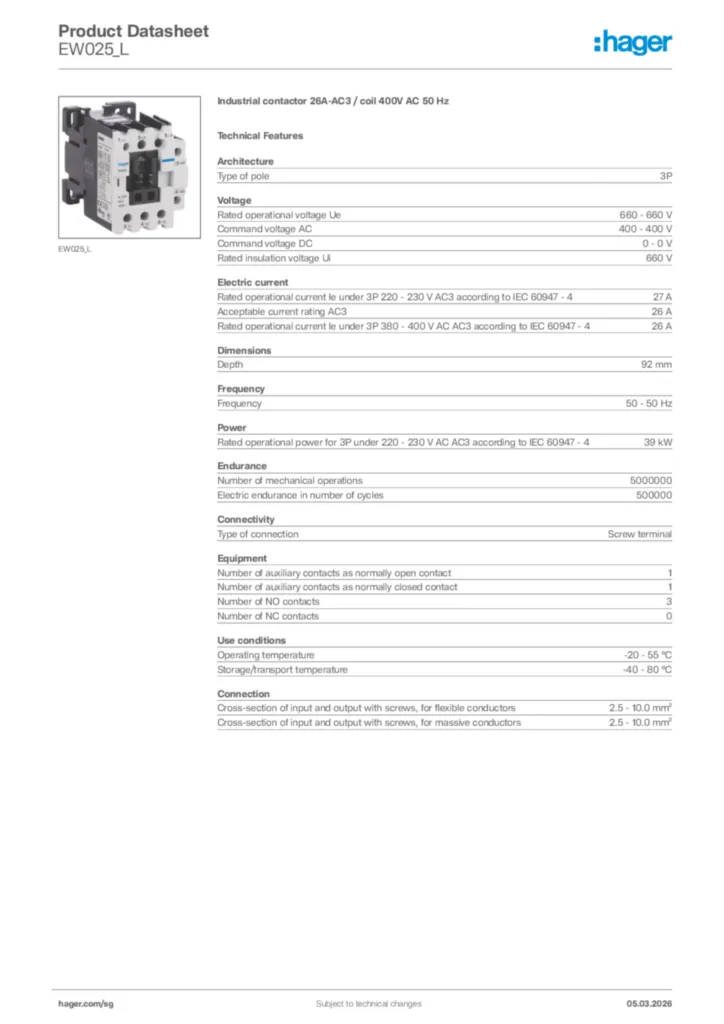 Image Hager Product data sheet EW025_L  | Hager