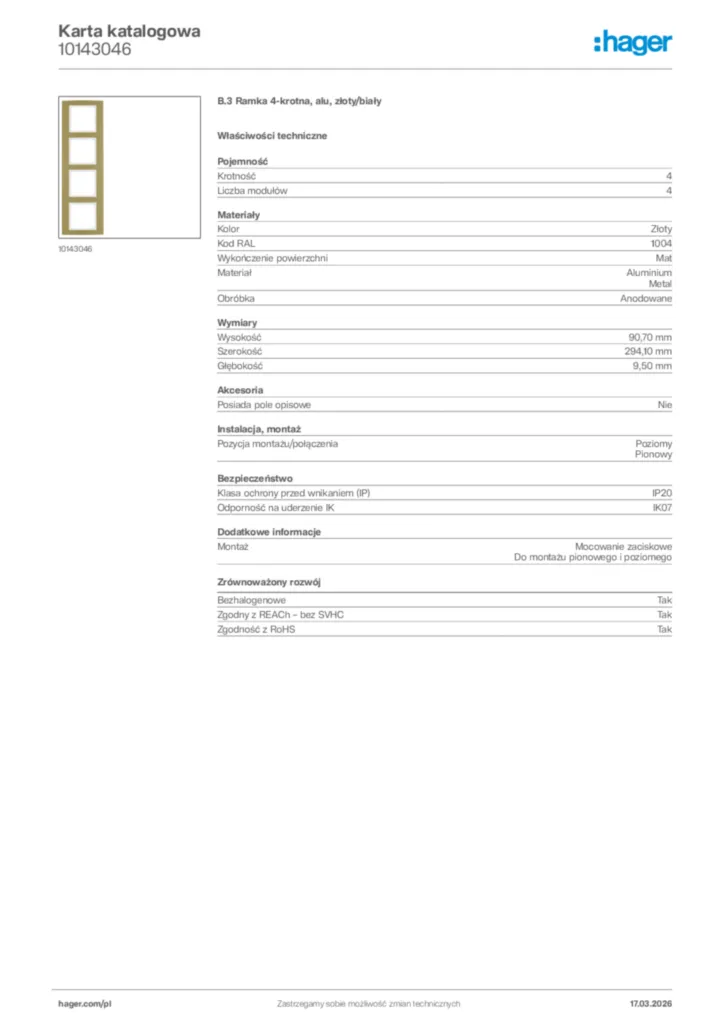 Zdjęcie Hager Karta katalogowa 10143046 | Hager Polska