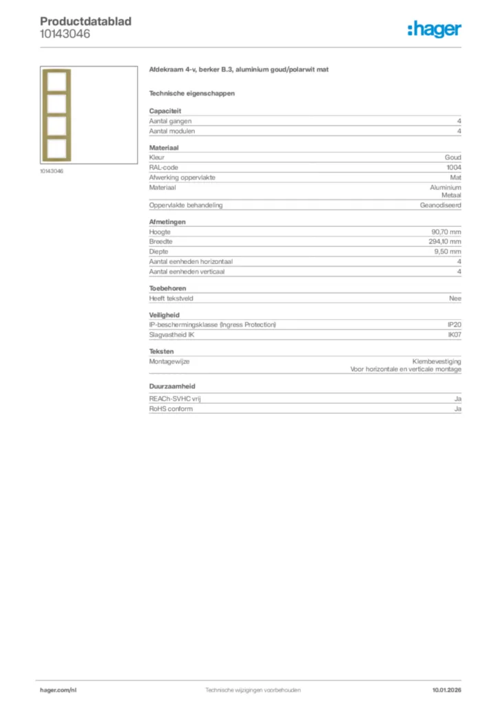 Afbeelding Hager Productdatablad 10143046 | Hager Nederland