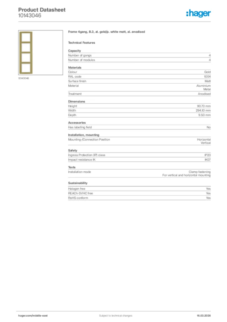 Image Hager Product data sheet 10143046  | Hager
