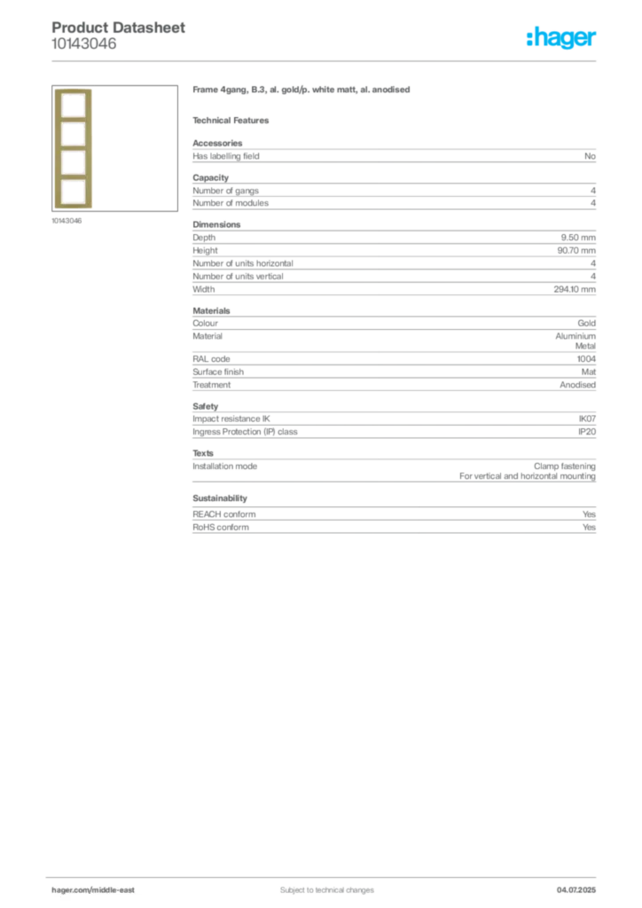 Image Hager Product data sheet 10143046  | Hager