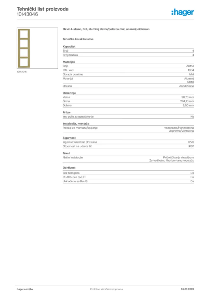 Slika Hager Tehnički list proizvoda 10143046  | Hager