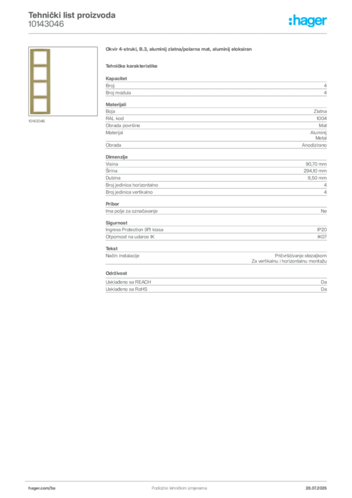 Slika Hager Product data sheet 10143046  | Hager