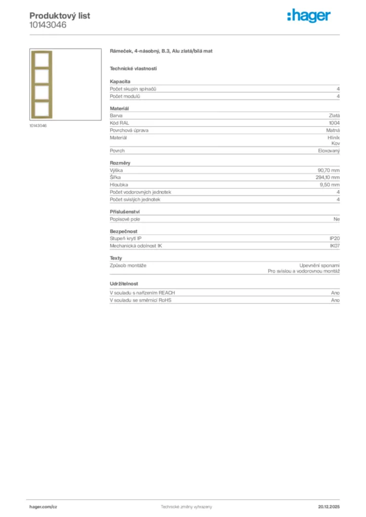 Obrázek Hager Produktový list 10143046 | Hager