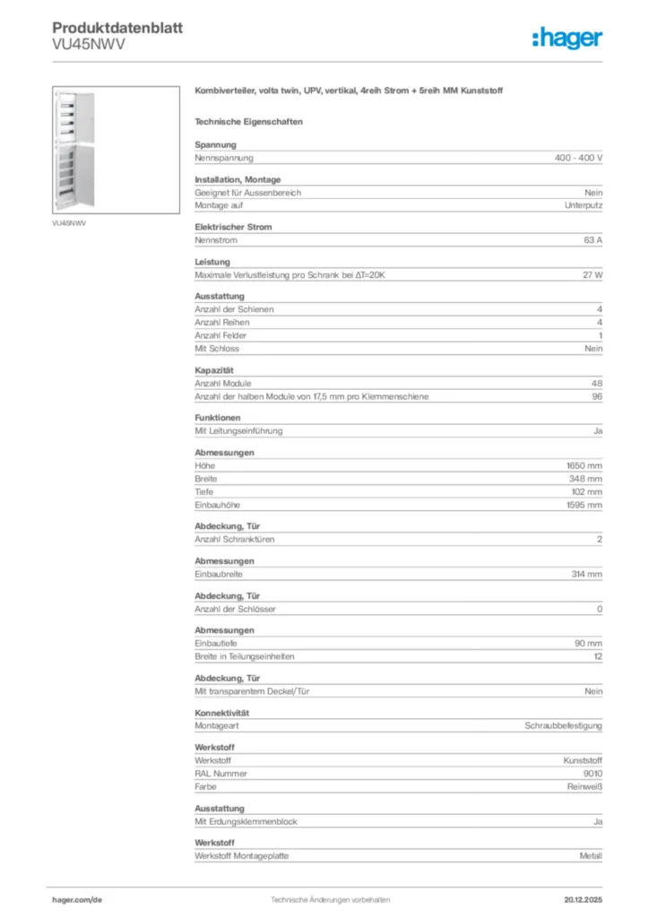 Bild Hager Produktdatenblatt VU45NWV | Hager Deutschland