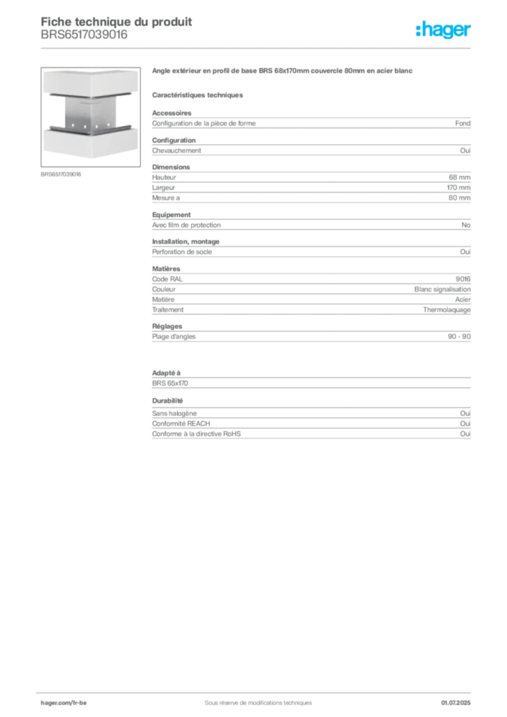 Image Hager Fiche technique du produit BRS6517039016 | Hager Belgique
