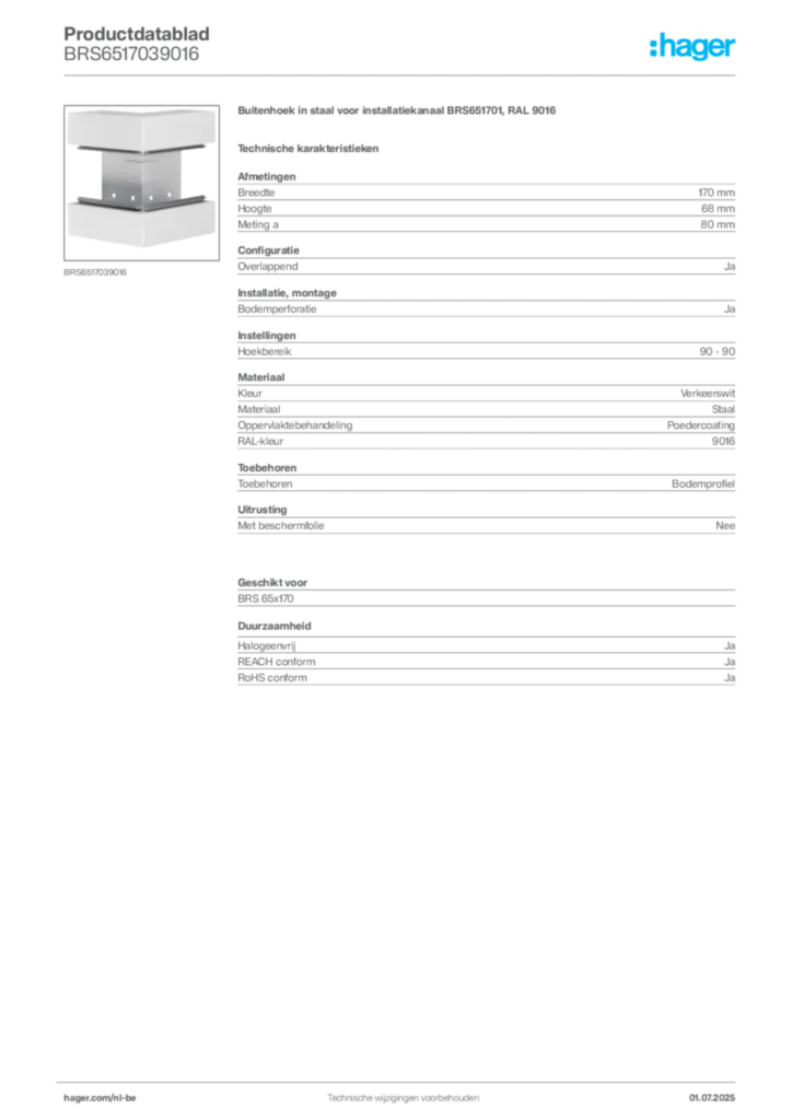 Afbeelding Hager Productdatablad BRS6517039016 | Hager Belgium