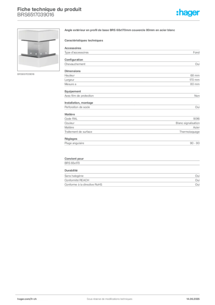 Image Hager Fiche technique du produit BRS6517039016 | Hager Suisse