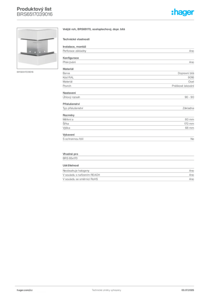 Obrázek Hager Produktový list BRS6517039016 | Hager