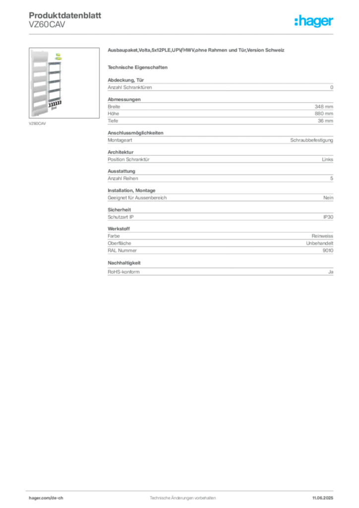 Bild Hager Produktdatenblatt VZ60CAV | Hager Schweiz