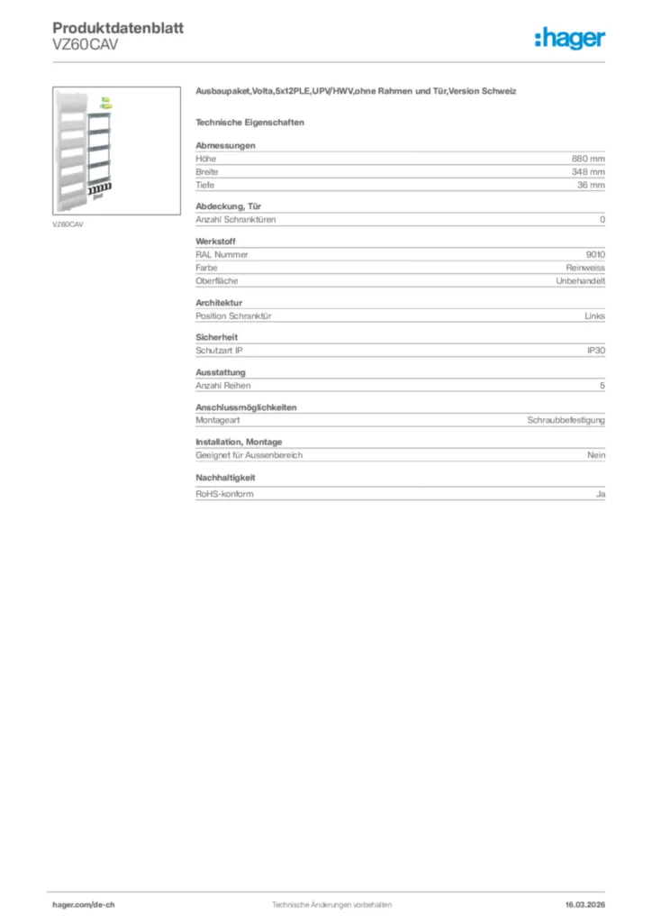 Bild Hager Produktdatenblatt VZ60CAV | Hager Schweiz