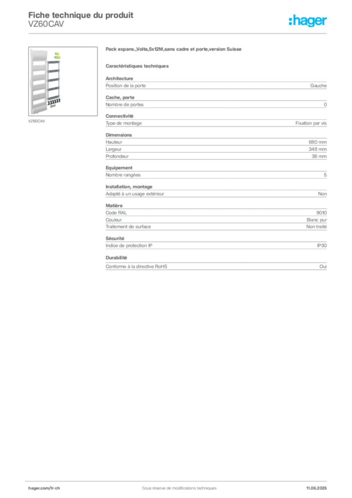 Image Hager Fiche technique du produit VZ60CAV | Hager Suisse
