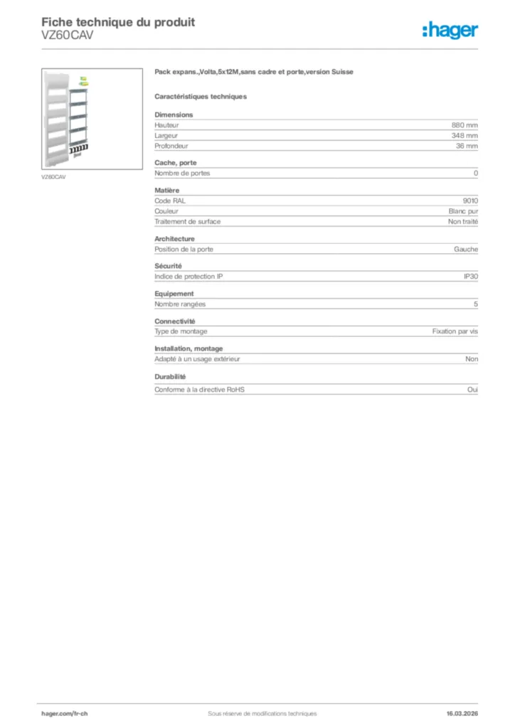 Image Hager Fiche technique du produit VZ60CAV | Hager Suisse
