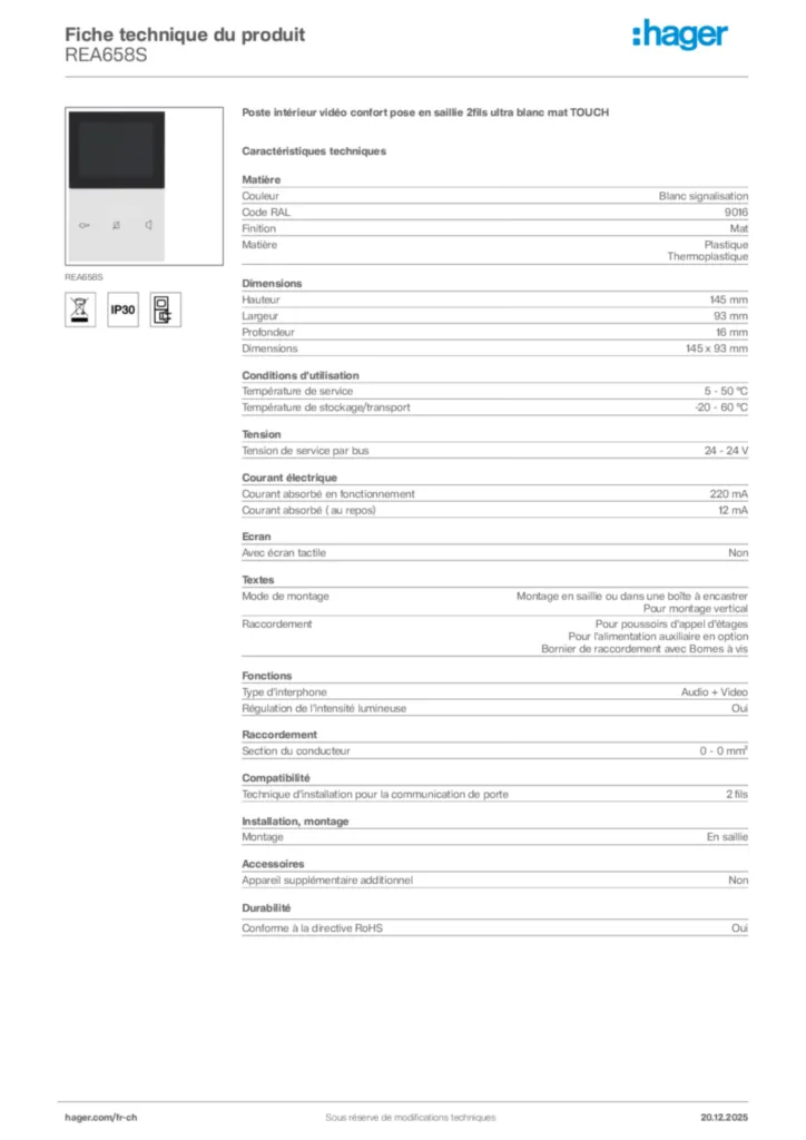 Image Hager Fiche technique du produit REA658S | Hager Suisse