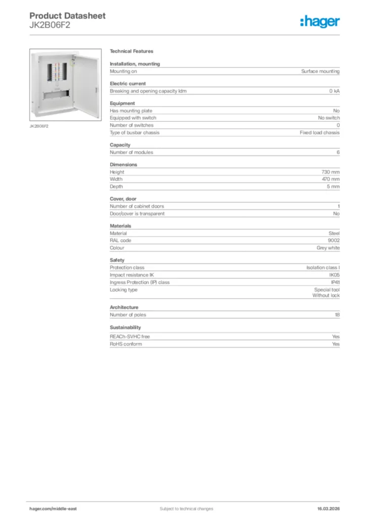 Image Hager Product data sheet JK2B06F2  | Hager