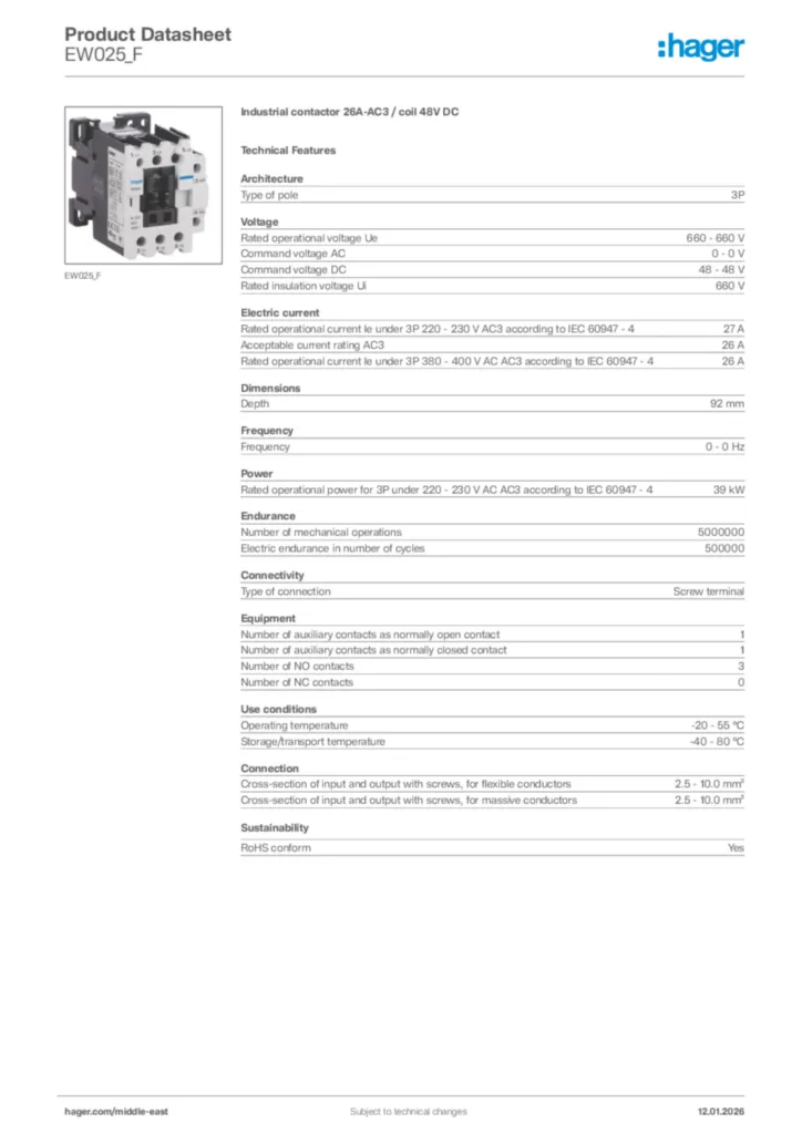 Image Hager Product data sheet EW025_F  | Hager