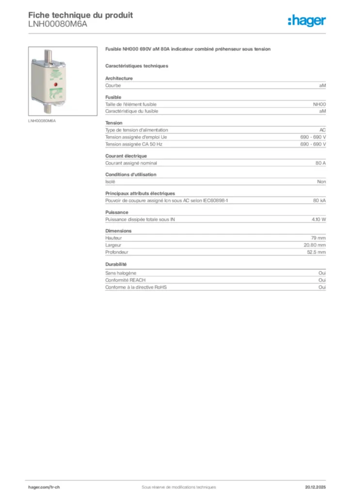 Image Hager Fiche technique du produit LNH00080M6A | Hager Suisse