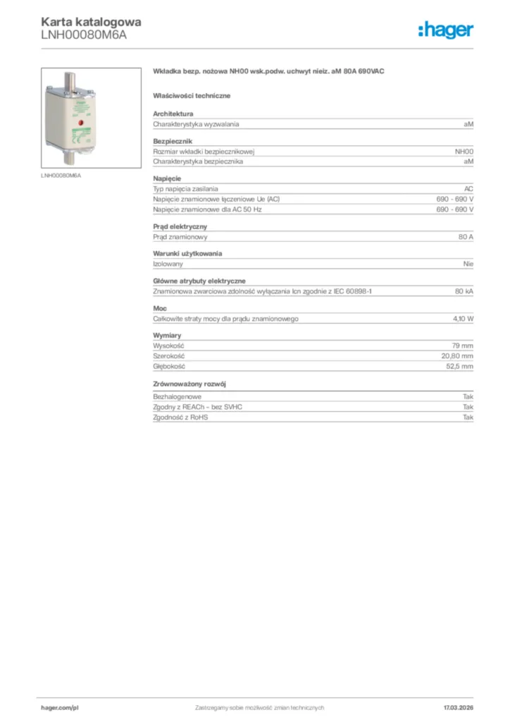 Zdjęcie Hager Karta katalogowa LNH00080M6A | Hager Polska