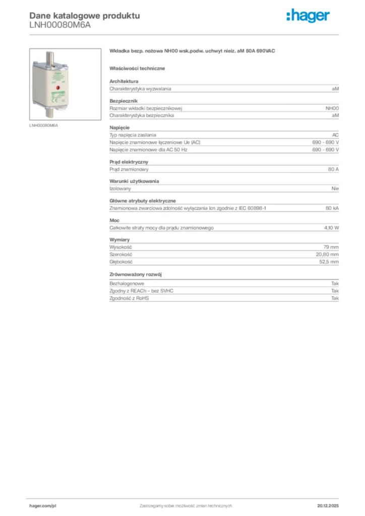 Zdjęcie Hager Karta katalogowa LNH00080M6A | Hager Polska