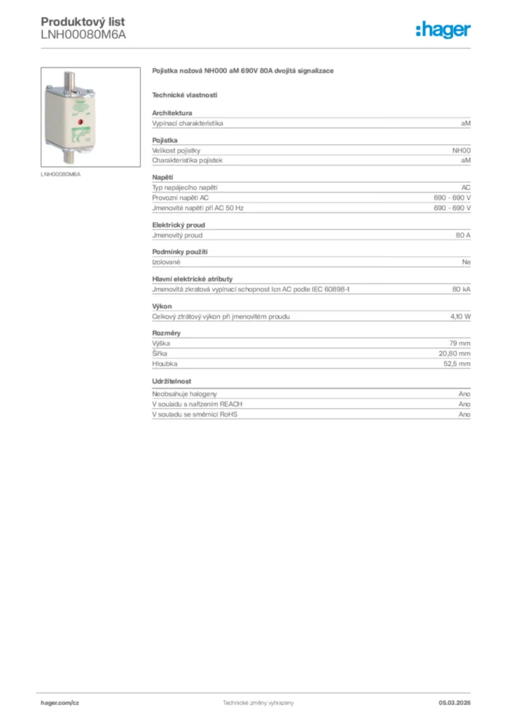 Obrázek Hager Product data sheet LNH00080M6A | Hager