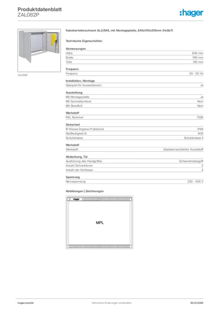 Bild Hager Produktdatenblatt ZAL082P | Hager Deutschland