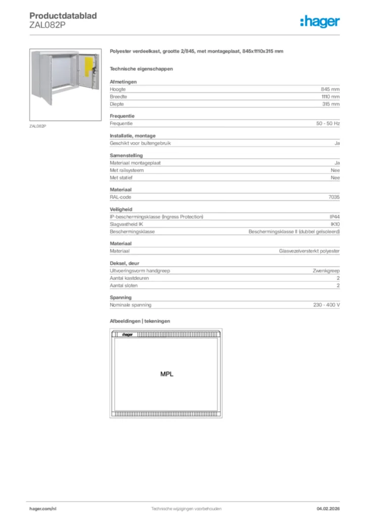 Afbeelding Hager Productdatablad ZAL082P | Hager Nederland