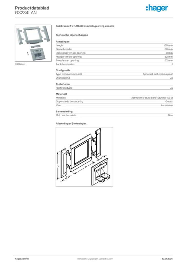 Afbeelding Hager Productdatablad G3234LAN | Hager Nederland