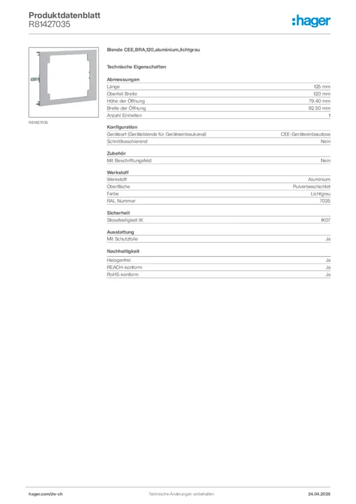 Bild Hager Produktdatenblatt R81427035 | Hager Schweiz