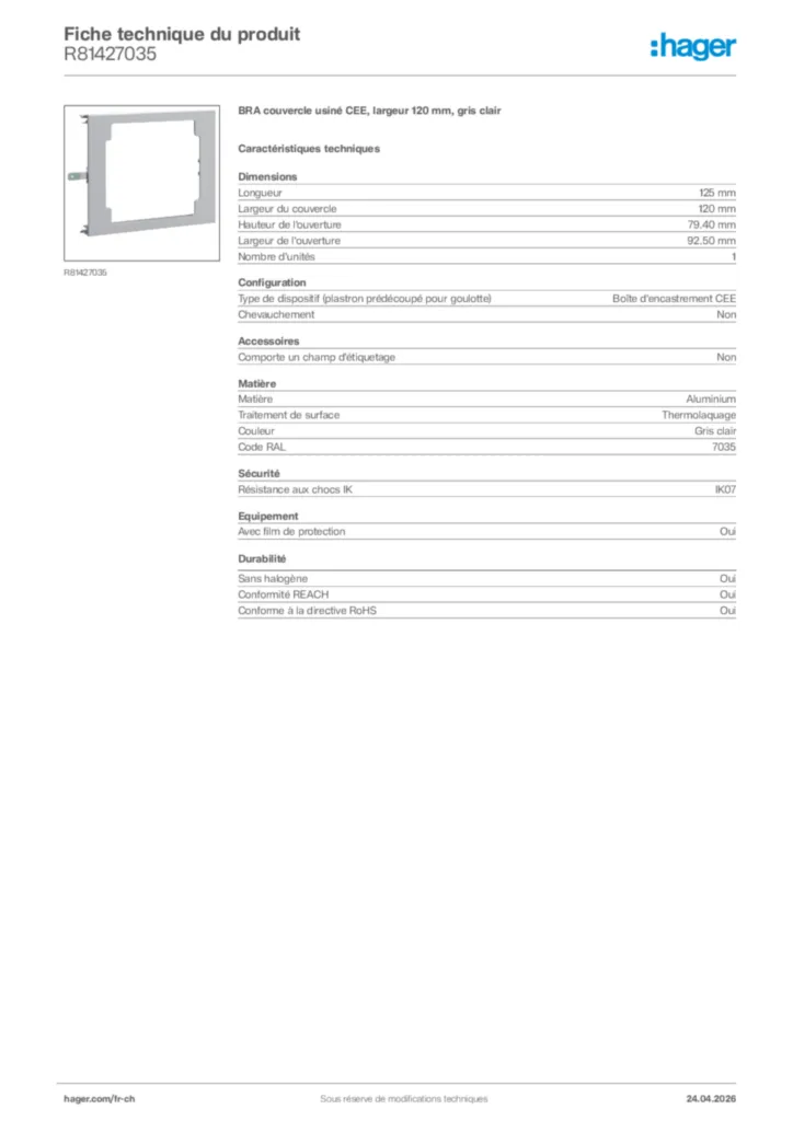 Image Hager Fiche technique du produit R81427035 | Hager Suisse