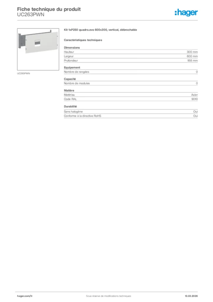 Image Hager Fiche technique du produit UC263PWN | Hager France