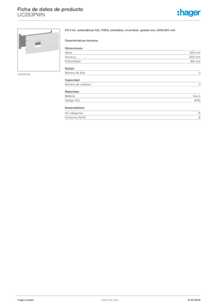 Imagen Hager Ficha de datos de producto UC263PWN | Hager España