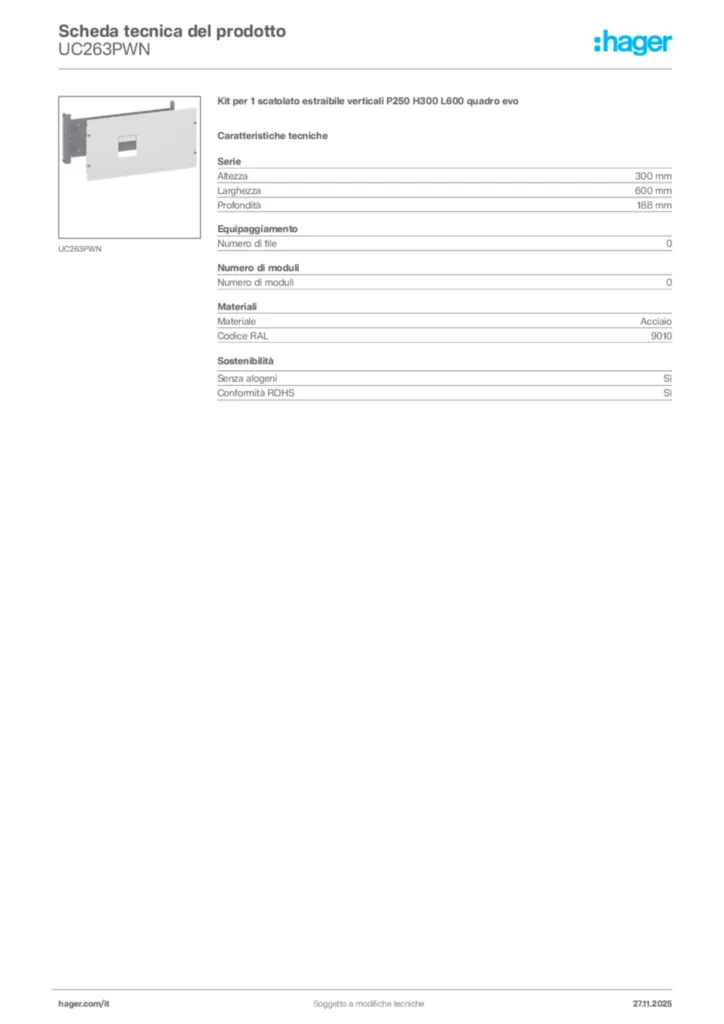 Immagine Hager Scheda tecnica del prodotto UC263PWN | Hager Italia