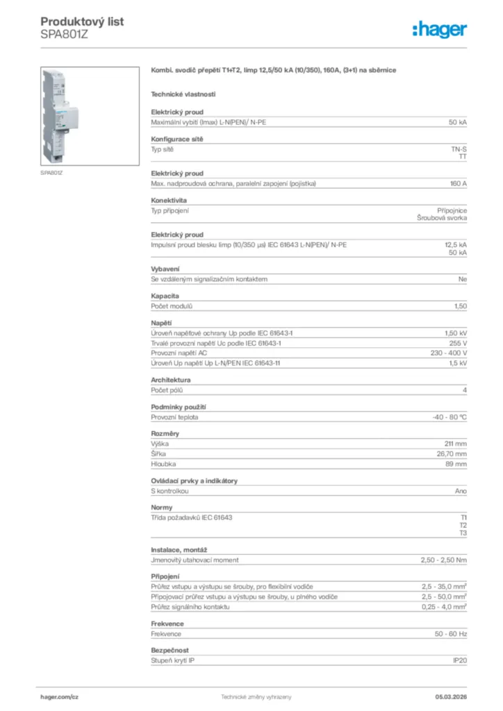 Obrázek Hager Product data sheet SPA801Z | Hager