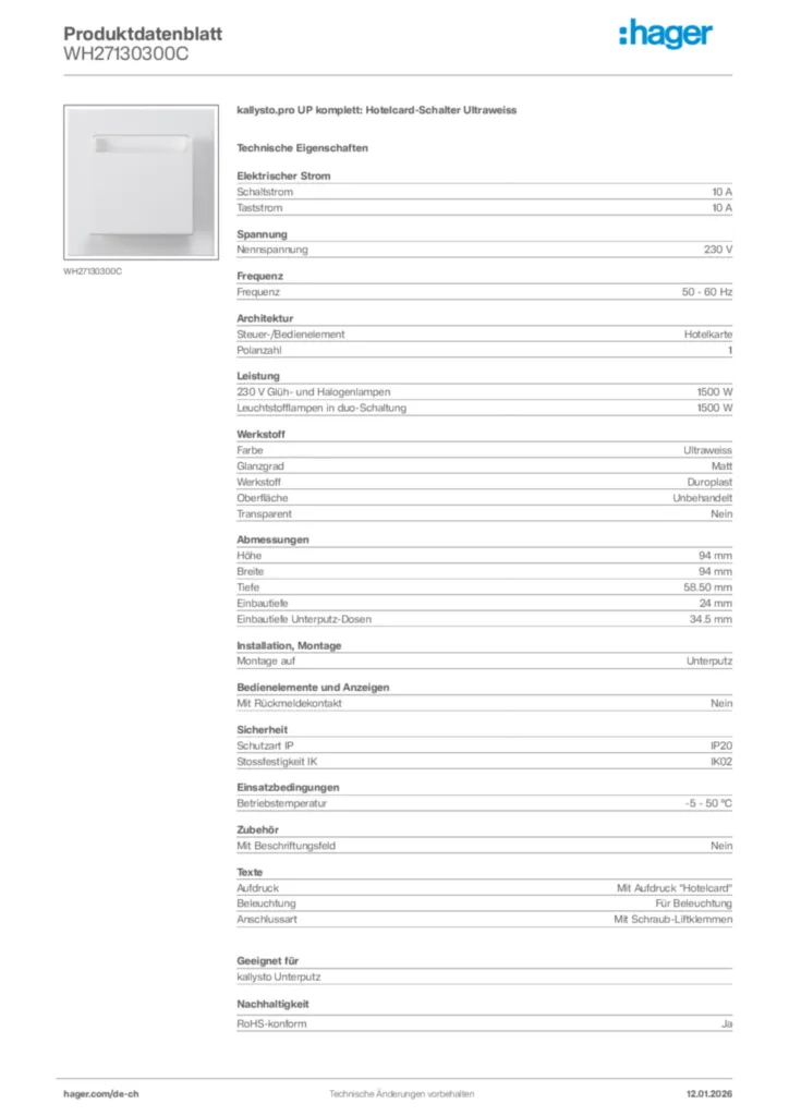 Bild Hager Produktdatenblatt WH27130300C | Hager Schweiz