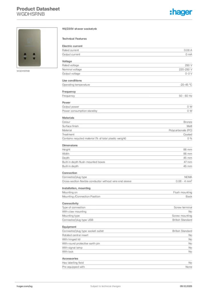 Image Hager Product data sheet WGDHSRNB  | Hager