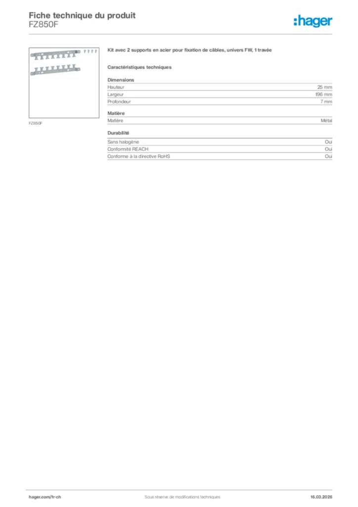 Image Hager Fiche technique du produit FZ850F | Hager Suisse