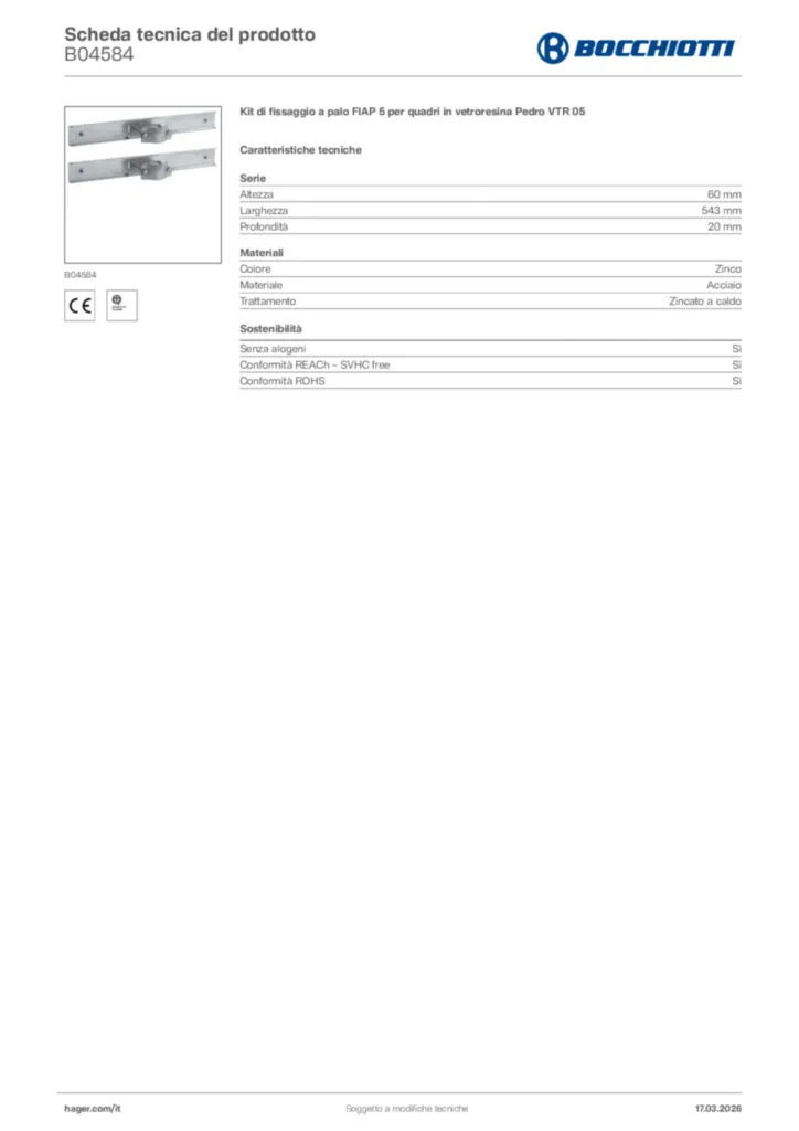 Immagine Bocchiotti Scheda tecnica del prodotto B04584 | Hager Italia