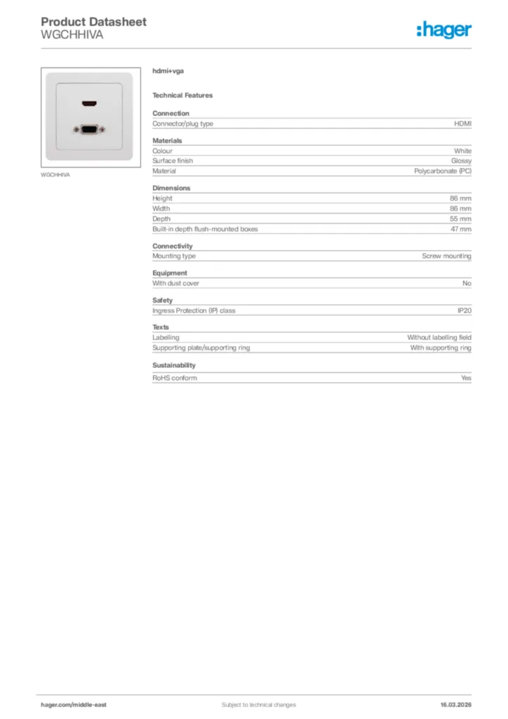 Image Hager Product data sheet WGCHHIVA  | Hager