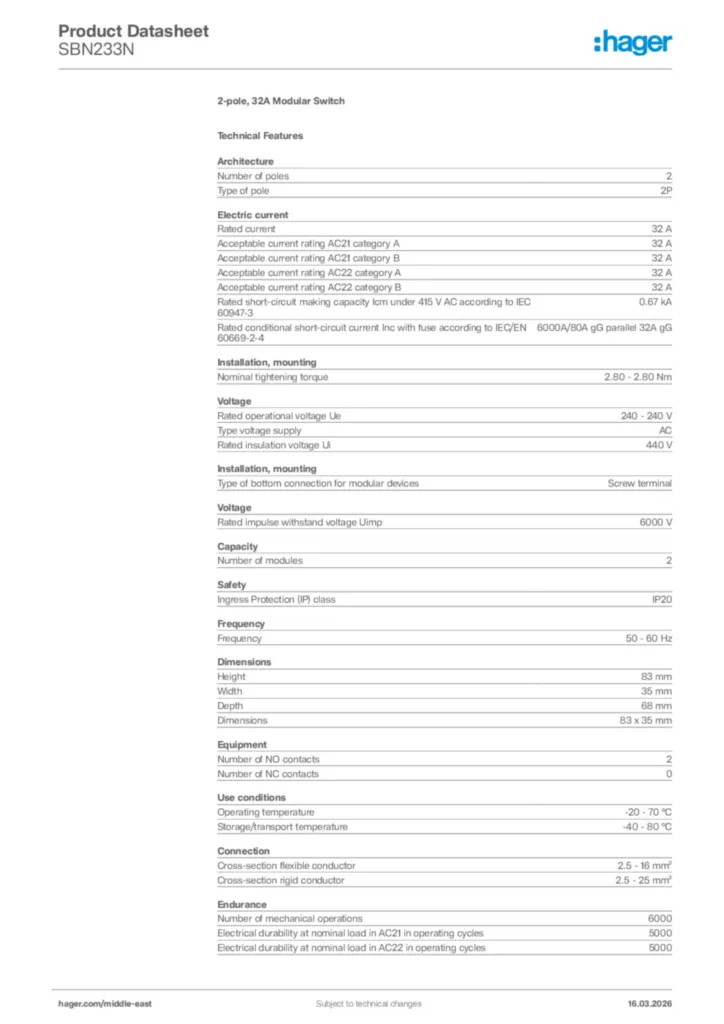 Image Hager Product data sheet SBN233N  | Hager