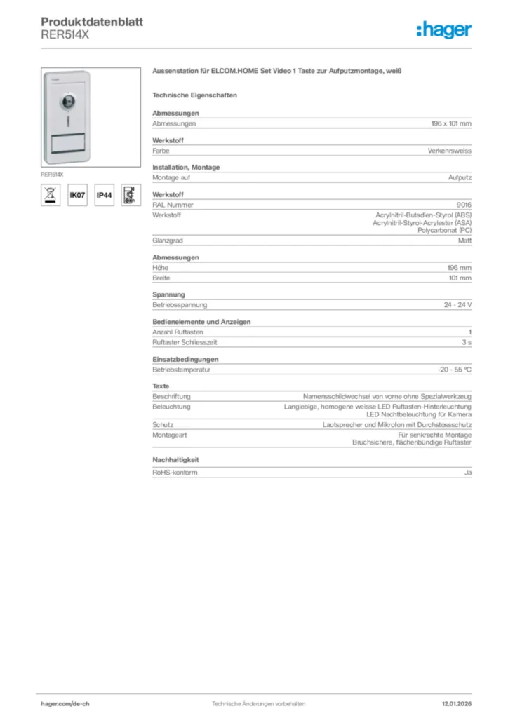 Bild Hager Produktdatenblatt RER514X | Hager Schweiz