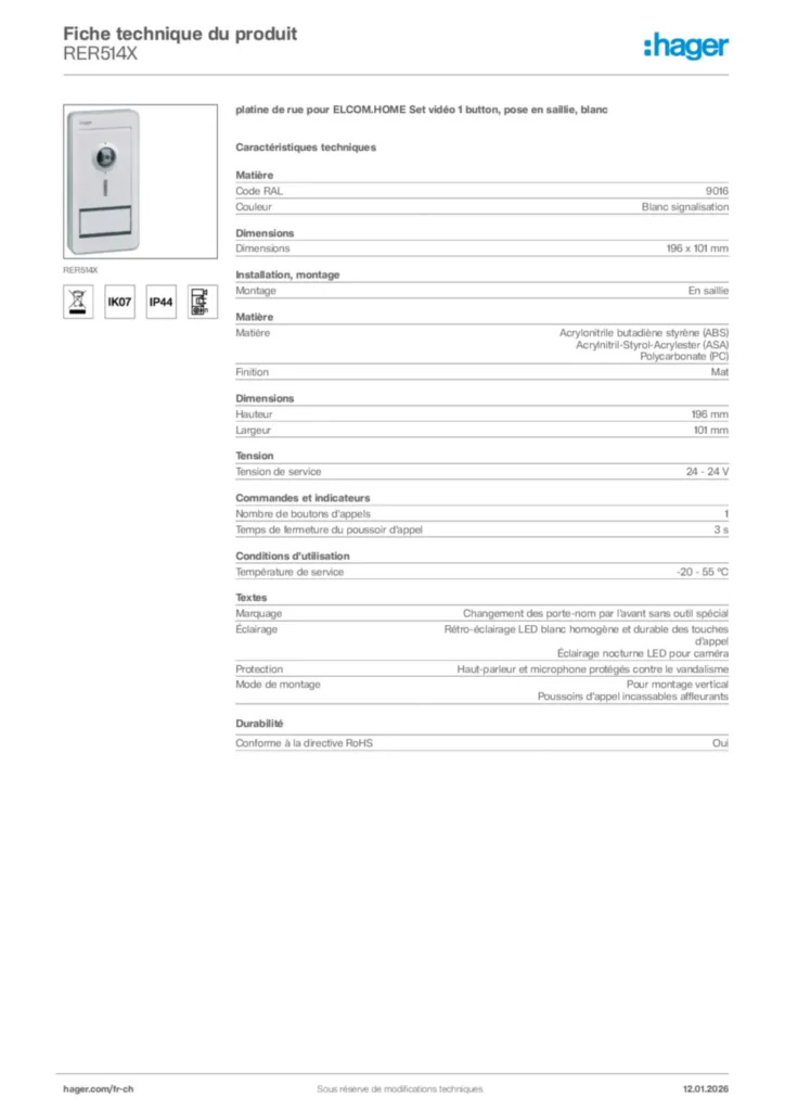 Image Hager Fiche technique du produit RER514X | Hager Suisse